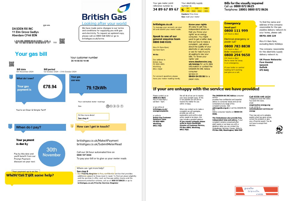 United Kingdom British Gas business utility bill template in Word and PDF formats fully editable (2 pages) version 1